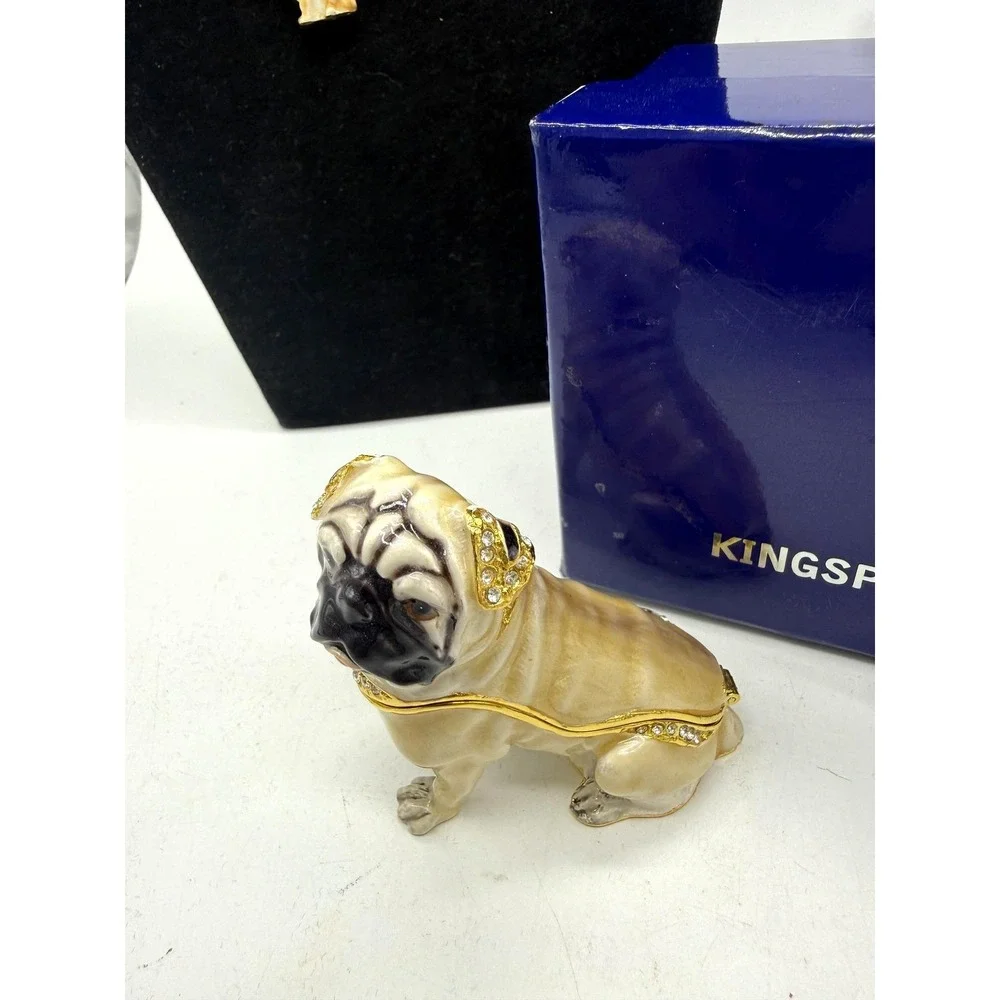 Kingspoint Designs Pug Trinket Box Necklace Rhinestone Pewter Dog Gift Set Boxed